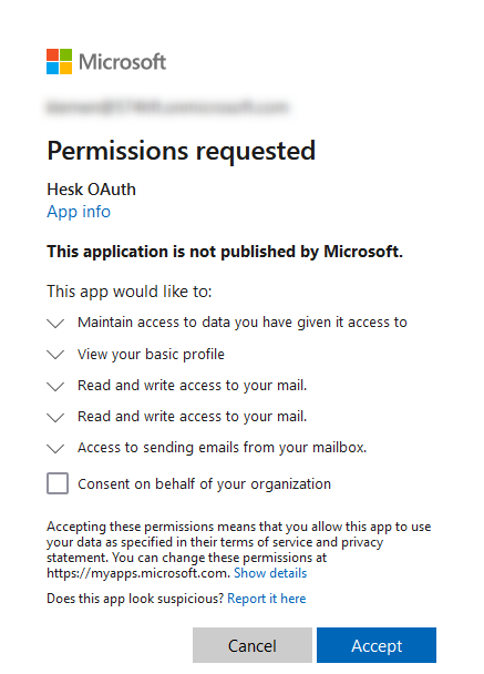 Microsoft OAuth consent (permissions requested) page