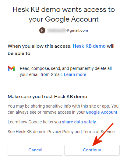 Google permission request page